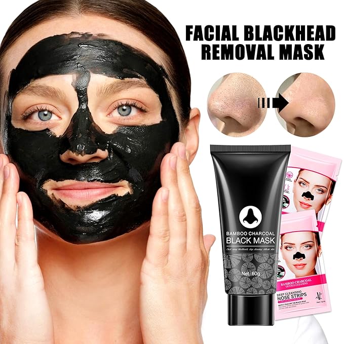 JunKuJK Charcoal Blackhead Remover Mask and 5 Pcs Blackhead Nose Strips,Gentle Nose Patches for Black Heads,Efficient Skincare Peel off Face Mask,Deep Cleansing Black Head Mask Set for All Skin Types