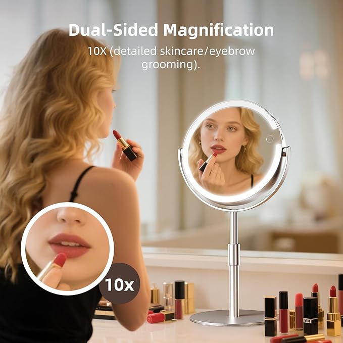 Lighted Makeup Mirror with Magnification (1X/10X), 8" Round Magnifying Vanity Mirror with Lights, Cordless Double Sided Light Weight Aluminum Alloy - Gifts Idea