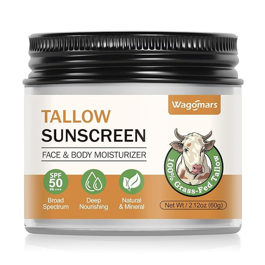 Beef Tallow Sunscreen SPF 50 - Organic Mineral Sunscreen with Zinc Oxide - Non-Toxic Natural Sunblock for Face & Body - Water Resistant, Reef Safe, Moisturizing for Dry and Sensitive Skin