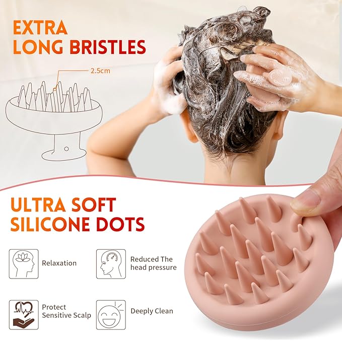 BEAUTLOHAS. Silicone Scalp Massager Shampoo Brush for Shower, Scalp Scrubber with Soft Bristles for Hair Growth & Dandruff Treatment, Wet Dry Hair Massager for All Hair Types of Women (2 Pink)