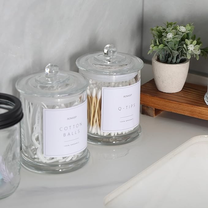 Ronasip Qtip Holder & Cotton Pad Dispenser, Bathroom Organizer and Storage Canisters, 16oz Glass Apothecary Jars for Kitchen, Restroom - Home Decor, Room Decor Aesthetic (2 Pack, Transparent)
