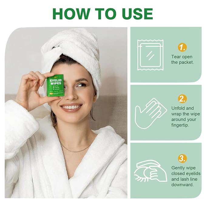 180PCS Tea Tree Oil Eyelid Wipes – Individually Wrapped Eye Lid Cleaning Wipes，Soothing For Sensitive Eyes, Stay Hydrated Lid Wipe