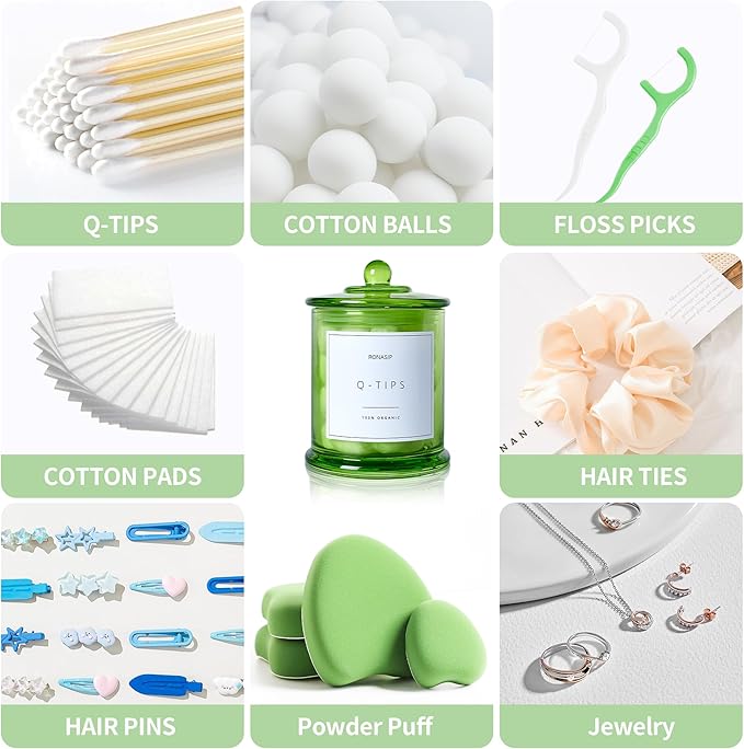 Ronasip Qtip Holder & Cotton Pad Dispenser, Bathroom Organizer and Storage Canisters, 16oz Glass Apothecary Jars for Kitchen, Restroom - Home Decor Accessories, Room Decor Aesthetic (2 Pack, Green)