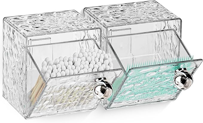 IWNTWY Qtip Holder Dispenser, Wall Mounted Plastic Cotton Pad Holder, Cotton Ball, Swabs, Floss, Makeup Organizers Containers for Vanity Bathroom (Clear, 2 Pcs)