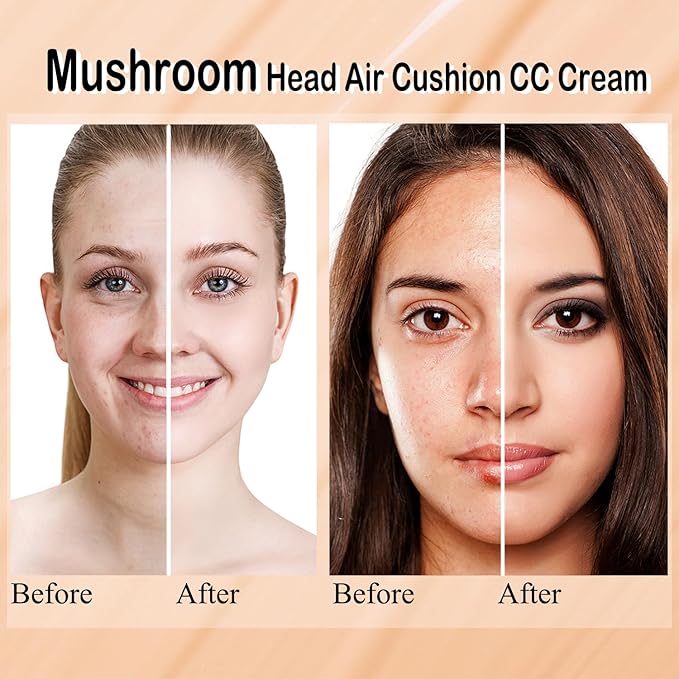 Mushroom Head Air Cushion CC Cream Nature Foundation, Moisturizing BB Cream, Long Lasting Matte Concealer, Bright Makeup Base with Mushroom Makeup Sponge (#03 Warm Nude)