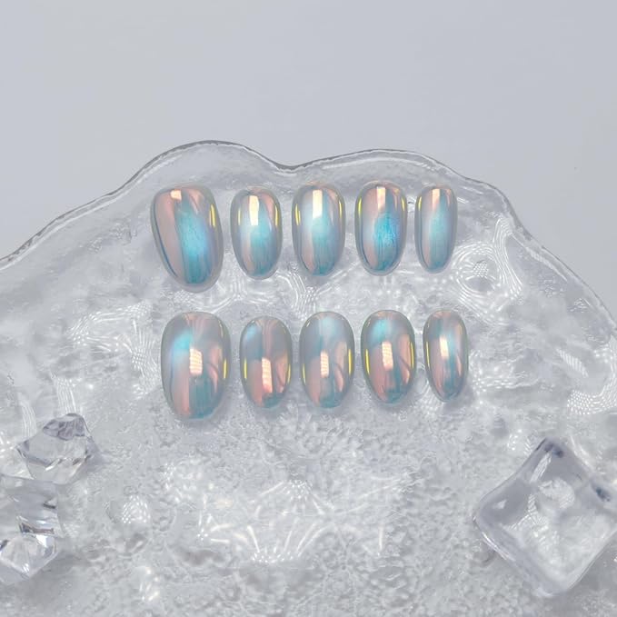 Cat Eye Press on Nails Handmade Short Oval/Square/Round False Nails with French Tip/Aurora/Magnetic Shimmer Designs (Aurora#Bubbles L)