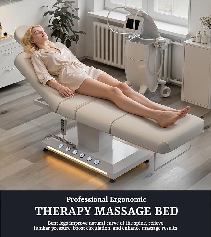 Icoget Professional Full Electric Spa Massage Treatment Table, Medical Bed with Independent Leg Adjustment, Facial Bed with Face Cradle for Beauty, White