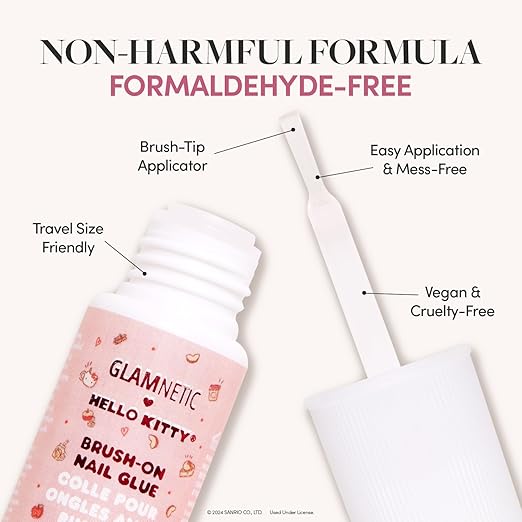 Hello Kitty™ x Glamnetic Super Strong Brush On Nail Glue | Brush Tip Applicator, Mess Free, Travel Friendly, Vegan | Durable & Long-Lasting | .24 fl. oz.