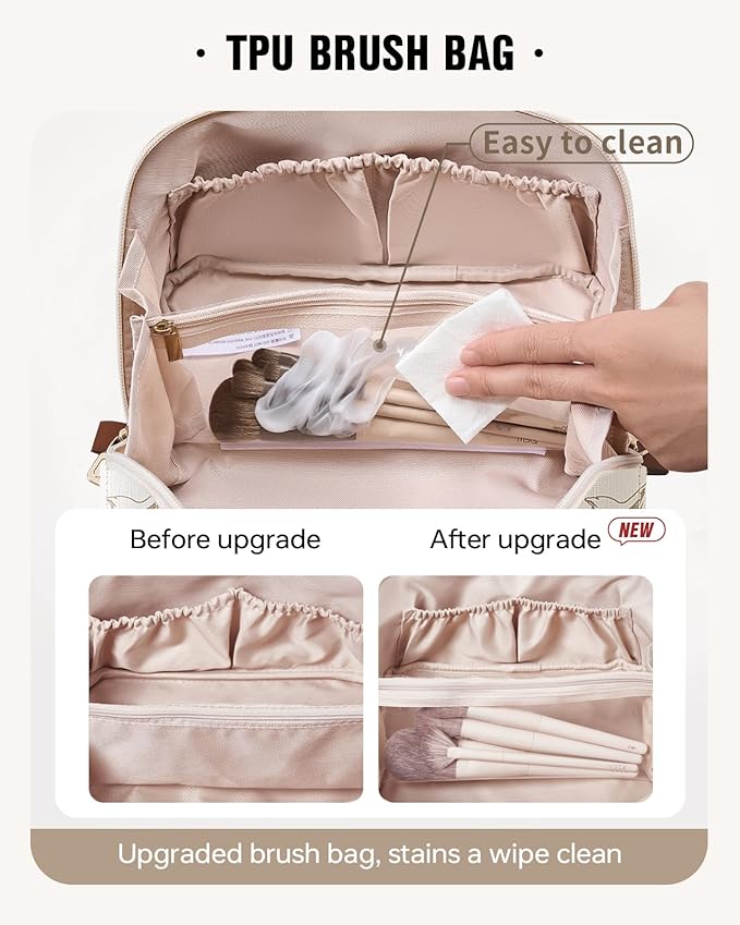 EACHY Travel Makeup Bag, Large Capacity Cosmetic Bags for Women, Waterproof Portable Pouch Open Flat Toiletry Bag Pattern Make up Bag (F-Black)