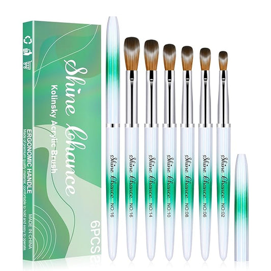 Shine Chance 6 Pcs Nail Brushes Set, Kolinsky Nail Art Brush, Art Design & Polish Mistake Cleaning Manicure Tools for Women - Acrylic Application (Sizes 2, 6, 8, 10, 14, 16)
