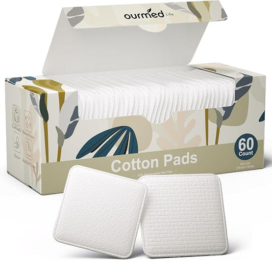 Ourmed Life Large Cotton Pads for Face, Soft & Lint-Free Cotton Rounds with Pressed Seam Design, Durable Facial Cleansing Squares for Face, Ideal Makeup Remover Pads, 3x3 Inch, 60 Count