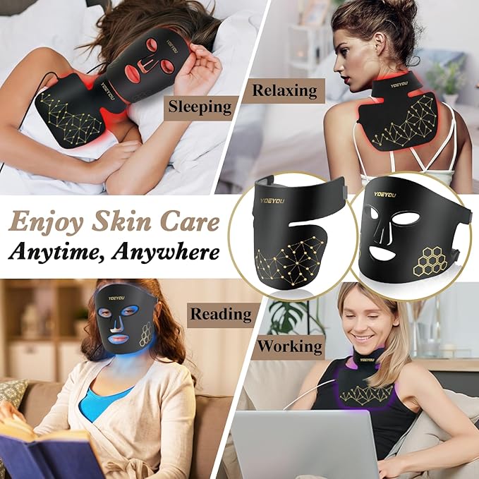 LED Face & Neck Beauty Mask, Red Light Therapy for Face & Neck, 4 Light Modes, Soft Silicone, 348 LEDs, Rechargeable Remote with Timer, Portable Cosmetic Skin Care Device for At-Home Glow