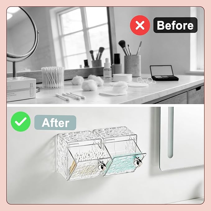 IWNTWY Qtip Holder Dispenser, Wall Mounted Plastic Cotton Pad Holder, Cotton Ball, Swabs, Floss, Makeup Organizers Containers for Vanity Bathroom (Clear, 2 Pcs)