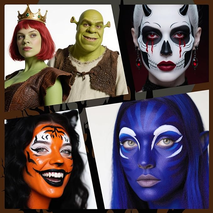 White Black Face Body Paint Stick Set with Translucent Setting Powder and Sponges, Professional Full Coverage Face Painting for Adults Halloween Cosplay SFX Skull Zombie Skeleton Goth Makeup