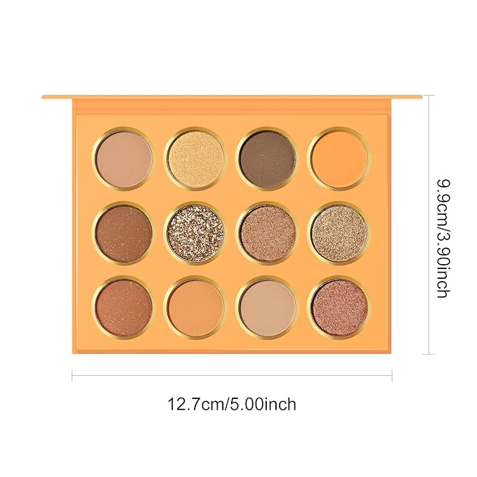 KYDA 12 Colors Orange Brown Eyeshadow Palette, Ultra-rich Glitter Golden Brown Eyeshadow, Matte Warm Orange Neutral Nude Eye Shadow Palette, Soft Blendable Powder, Daily Neutral Eyes Shadow