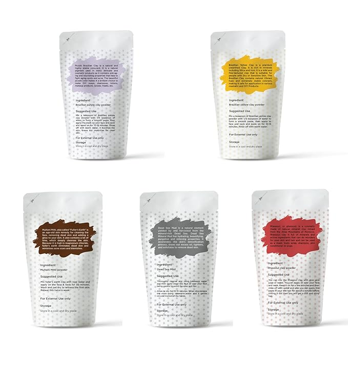 Pack of 5 Cosmetic Clay Powders | Clays for Soap Making and Mask Making | Multani Mitti, Rhassoul, Dead Sea Mud, Yellow & Purple Clay Powders | 8oz Each | Best Colorful Clays for DIY | Yogi’s Gift®