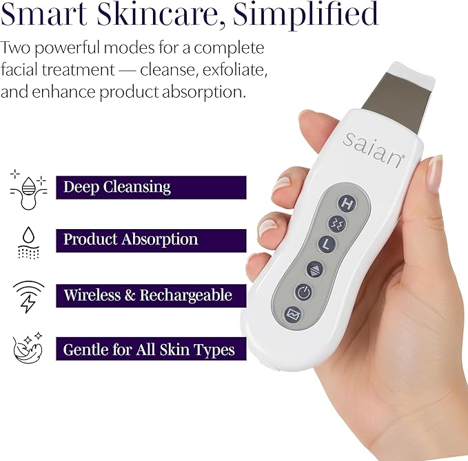 Saian Professional Strength Ultrasonic Skin Scrubber - Face Spatula Exfoliator & Pore Cleaner for Blackhead, Whitehead & Sebaceous Removal - Gentle Deep Cleaning Tool for Smooth, Glowing Skin