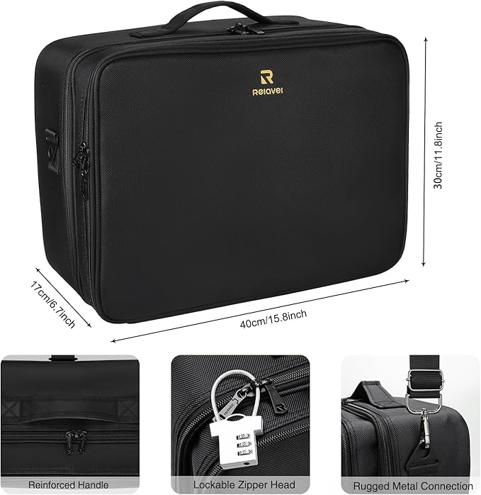 Relavel Extra Large Makeup Case with Plastic Dividers Washable and Easy to Clean, Travel Makeup Train Case Professional Makeup Artist Bag Portable Nail Organizer Box Art Supply Case (Black)