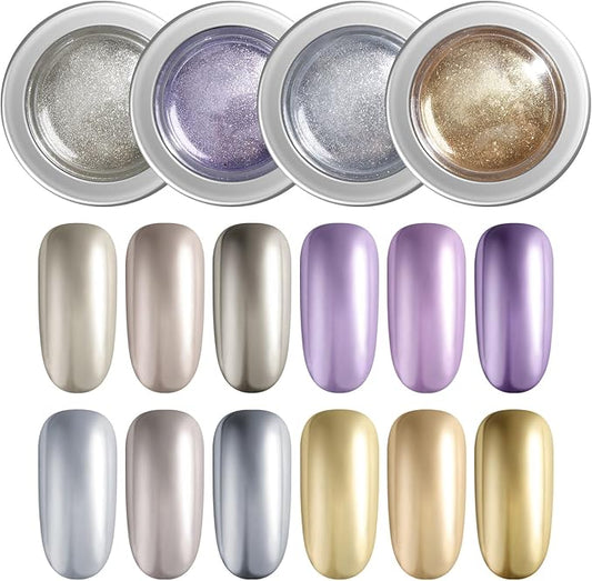 SUTOKAKA 4 Jars Chrome Nail Powder Silver Gold Purple Magic Aurora Powder Iridescent Holographic Glitter Pigment Nail Art Fimo Decoration for Women Salon Use