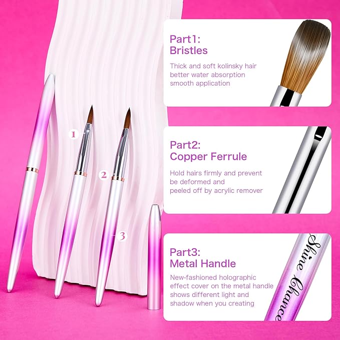 Shine Chance 6 Pcs Acrylic Nail Brushes Set, Kolinsky Nail Art Brushes, Art Design & Polish Mistake Cleaning Manicure Tools for Women - Acrylic Application (Size 4, 6, 10, 12, 14, 16)