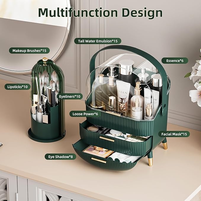 Makeup Organizers Countertop, Makeup organization for Vanity, Cosmetic Storage with Lid and Drawers, Skincare Display Cases with for Desktop, Bathroom (Green)