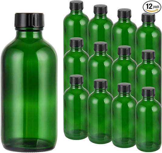 Exlvanto Small Glass Bottles with Lids Boston Round Shot Bottles for Health, Immunity, Ginger Juice, Essential Oils, Potion - Leak Proof Mini Travel Containers (Green UV, 4oz-12Pack)
