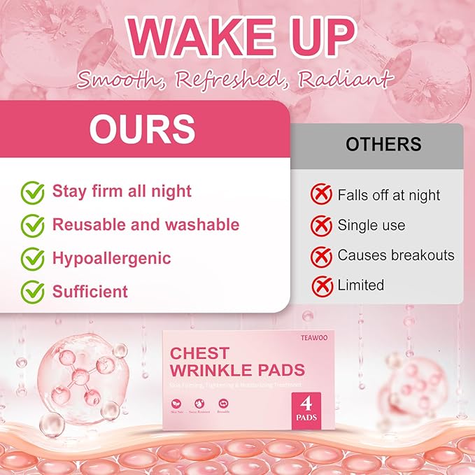 TEAWOO 4 PCS Silicone Chest Wrinkle Pads | Reusable Wrinkle Patches | Overnight Anti-Wrinkle Solution for Youthful Skin | Reusable Anti-Aging Patches for Neck | Hypoallergenic, Long-Lasting