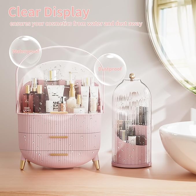 Makeup Organizers Countertop, Makeup organization for Vanity, Cosmetic Storage with Lid and Drawers, Skincare Display Cases with for Desktop, Bathroom (Pink)
