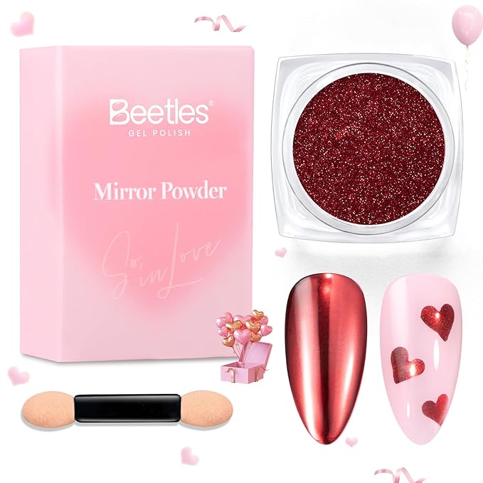 Beetles Red Chrome Nail Powder Mirror Effect Chrome Powder for Nails Metallic Red Gel Polish Nail Art DIY Decoration Valentine's Day Gifts for Women