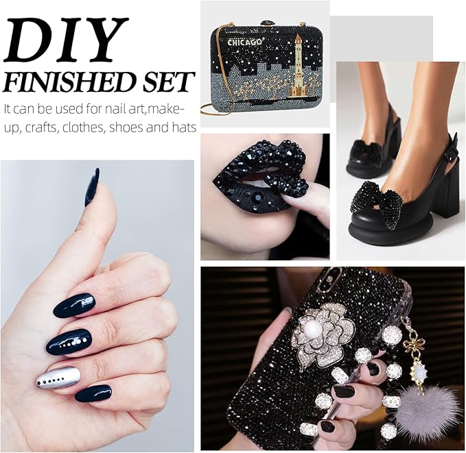Meibite Black Flatback Rhinestones, Glass Rhinestones for Nail Art and Craft, Glue Fix, Loose Crystal Gemstones(Black, SS4, 2880pcs, 1.5-1.7mm)