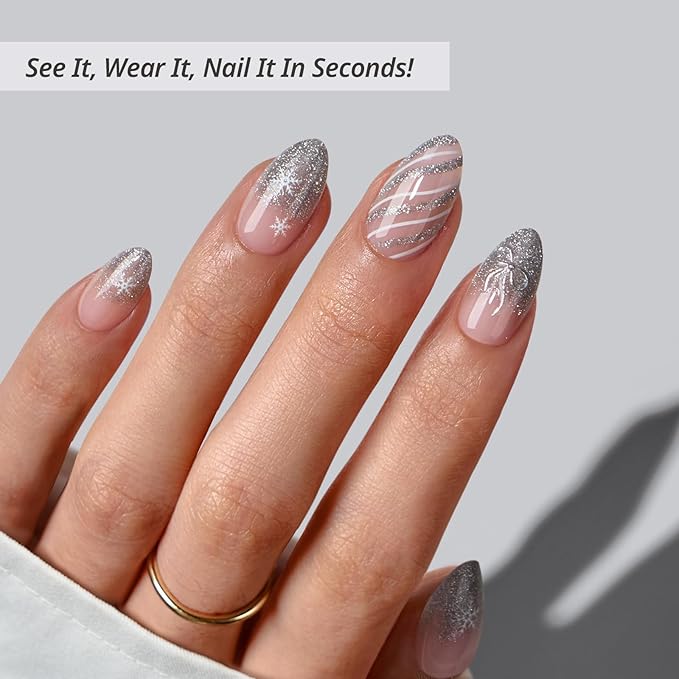 BTArtbox French Tip Press On Nails - Sparkle Bow, Lamp-Curable Short Almond Press On Nails with Glue and Adhesive Tabs for Women in 16 Sizes - 32 Soft Gel Glue On Nails Kit