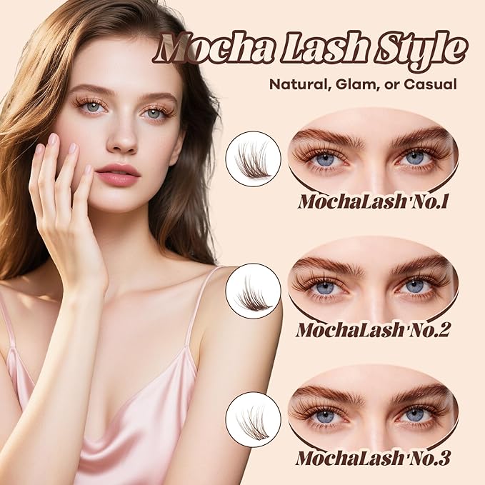 B&Q Brown Lash Clusters Kit Natural Mochalash Clusters 02, Wispy Eyelash Clusters Kit C-Curl Cluster Eyelash Extensions 8-16mm Brown Lash Eyelashes Kit for Fair/Dark Hair(Mochalash 02 Set)