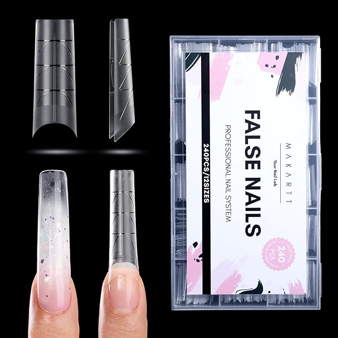 Makartt Half Cover Square Nail Tips: No C Curve Clear Acrylic XXL Extra Long Pre-shaped, Full Matte, 240 PCS, 12 Sizes, Fake Nails for Extensions Manicure Salon Home DIY