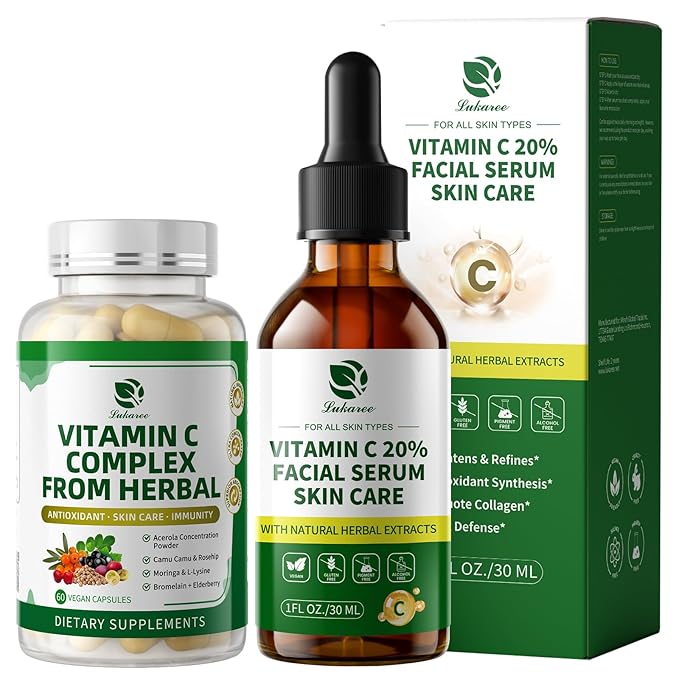 Vitamin C Serum for Face, 20% Brightening Face Serum with Sodium Hyaluronate for Dark Spots & Fine Lines – Support Collagen & Skin Radiance, Plus Vit C Caps for Inside-Out Support, 1 Fl Oz + 60 Caps