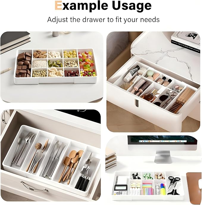 Expandable Desk Drawer Organizer, Acrylic Drawer Organizer Trays with 11 Adjustable Compartments 6 Removable Dividers Desk Accessories for Makeup Utensil Junk Office Kitchen Bathroom ( White, 1Pcs )