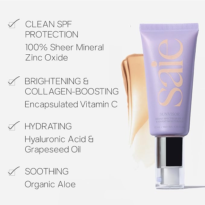 Saie Sunvisor Broad Spectrum Sunscreen Moisturizer SPF 35 - Hydrating Daily Face Sunscreen with 100% Sheer Mineral Zinc Oxide, Hyaluronic Acid + Vitamin C for Radiant, Dewy Skin (1.35 fl oz)