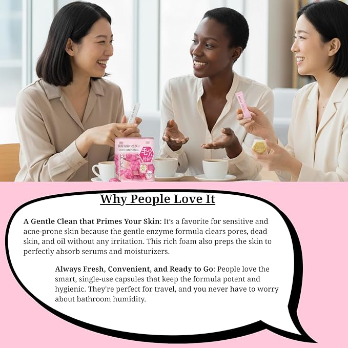 Japanese Powder Face Wash 0.4g 32pcs 1pack - Gentle Exfoliating Enzyme Cleanser for Smooth, Even skin tone - Travel-Friendly & Hygienic - Moisturizing Rice Powder Cleanser - Pink