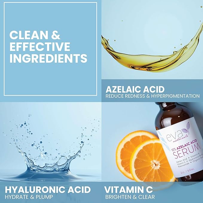 Eva Naturals 10% Azelaic Acid Serum for Face – Niacinamide, Hyaluronic Acid – Redness Relief, Dark Spots, Uneven Skin Tone, Texture, Pores, Topical Booster for Clearer, Smoother Skin, 2oz
