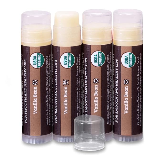 Earth's Daughter USDA Organic Lip Balm 4-Pack Vanilla Flavor - Beeswax, Coconut Oil, Vitamin E - Best Lip Repair Chapstick for Dry Cracked Lips.
