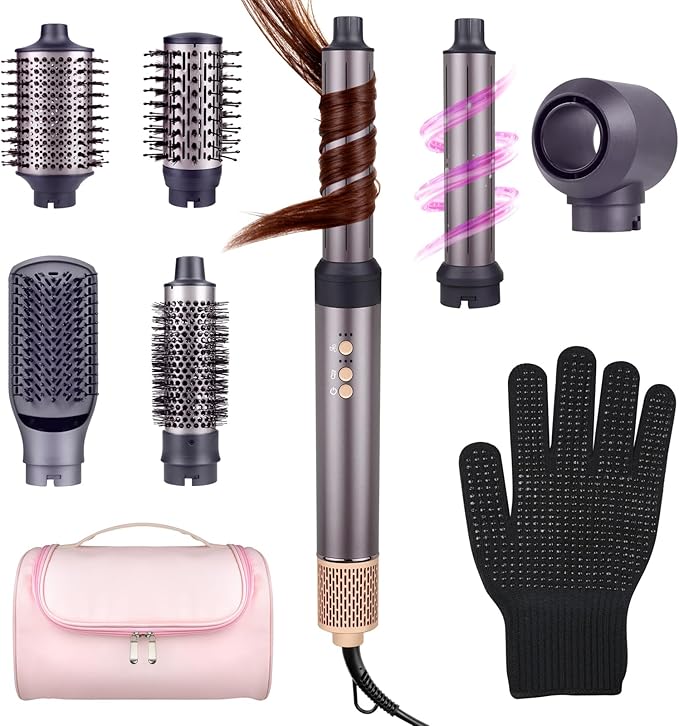 7 in 1 Hot Air Styler High Speed BLDC Motor 110000 RPM with Round Rrush Left/Right Auto Wrap Curler,Oval Brush,Straightening Brush Drying air Nozzle.1400W Hot Hair Brush with ALCI Safety Plug
