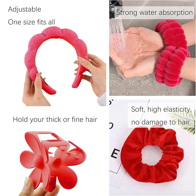 BluOcnMkt 6PCS Skincare Headbands for Women Red Spa Makeup Headband Set, Large Flower Hair Claw Clip, Velvet Elastic Hair Scrunchies