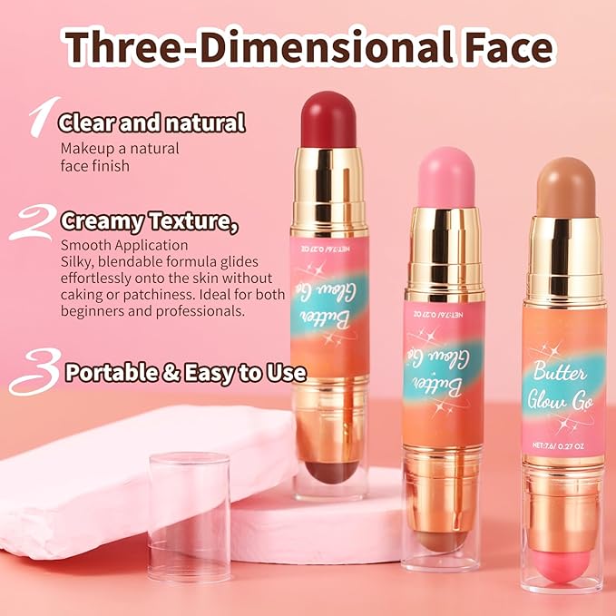 Dual-Ended Blush and Bronzer Stick – 2-in-1 Creamy Face Cheeks Contour Makeup, Smooth Hydrating Formula, Buildable Color for Natural Radiant Glow Beauty For Women (Peachy Pink)