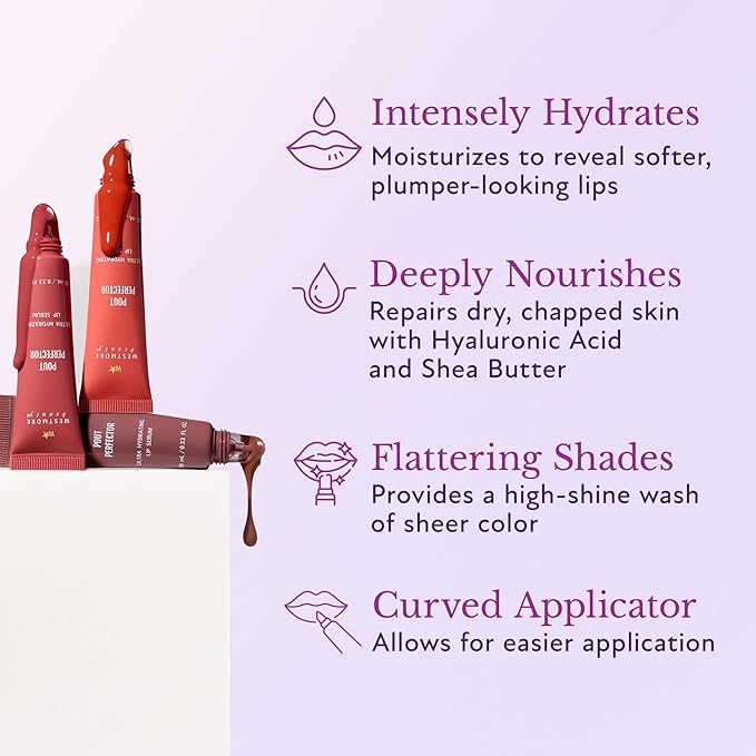 Westmore Beauty Pout Perfector Lip Gloss – Intensely Hydrating Sheer-Tinted Balm with Hyaluronic Acid & Vitamin E – Plumps & Nourishes Dry, Cracked Lips for a High Shine Finish – Soft Peach, .33 oz