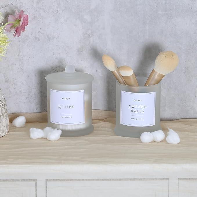 Ronasip Qtip Holder & Cotton Pad Dispenser, Bathroom Organizer and Storage Canisters, 16oz Glass Apothecary Jars for Kitchen, Restroom - Home Decor, Room Decor Aesthetic (2 Pack, Frosted White)