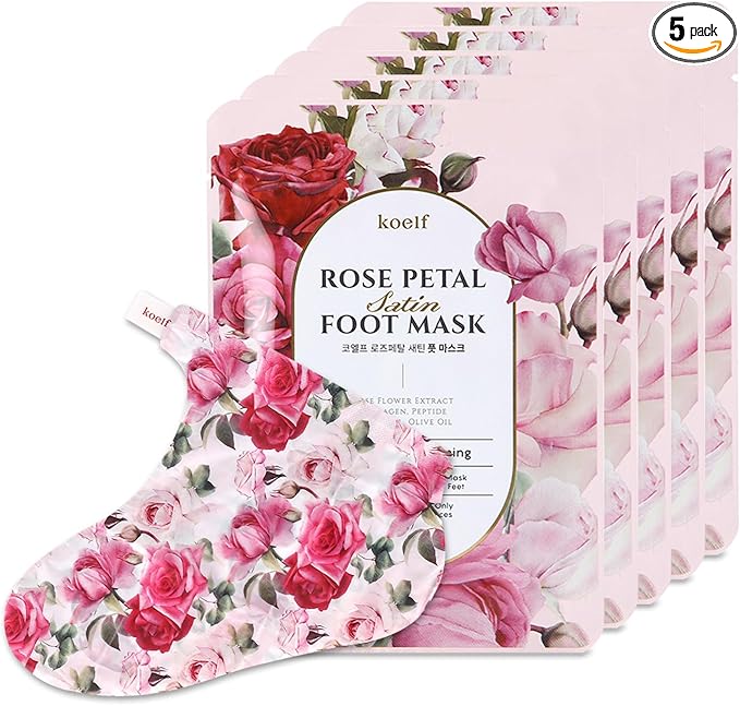 PETITFEE Rose Petal Satin Foot Mask (5pairs) - Intensive Nourishing Socks, Rose Scented Foot Repair Masks with Peptide, Collagen, Shea Butter, Urea for Silky Smooth Feet, Foot Treatment, Body Mask