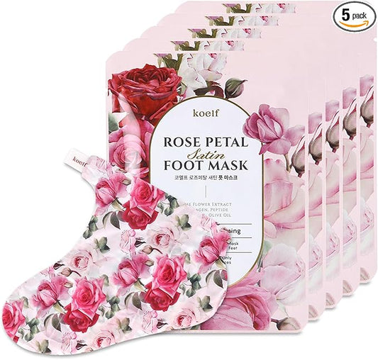 PETITFEE Rose Petal Satin Foot Mask (5pairs) - Intensive Nourishing Socks, Rose Scented Foot Repair Masks with Peptide, Collagen, Shea Butter, Urea for Silky Smooth Feet, Foot Treatment, Body Mask