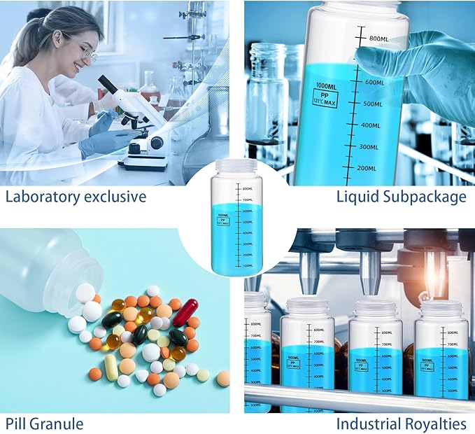 Tatuo 24 Pcs 34oz 1000ml Polypropylene Plastic Sample Bottles with Screw Caps Sample Containers with Lid for Liquids, Reagent, Pill, Travel, Laboratory, Storage at Home(Wide Mouth-dark Scale)