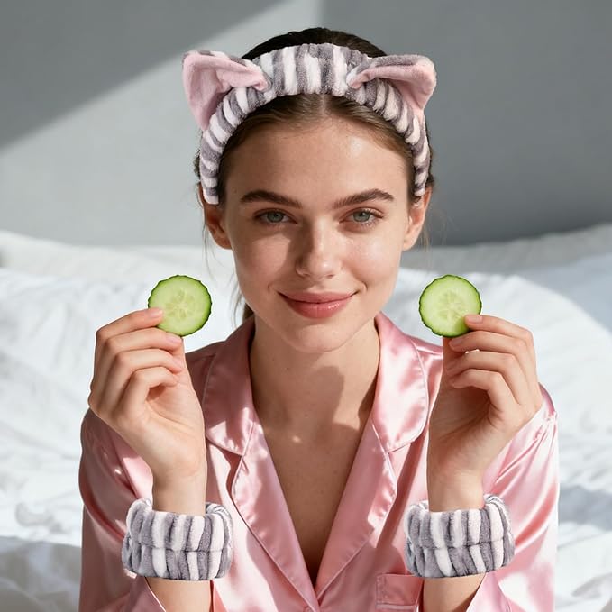 PERFECTSIGHT 2 Pack Cute Animal Headbands for Makeup Wash Shower Adjustable Elastic Hair Band for Girls and Women (Gray Cat Ear)
