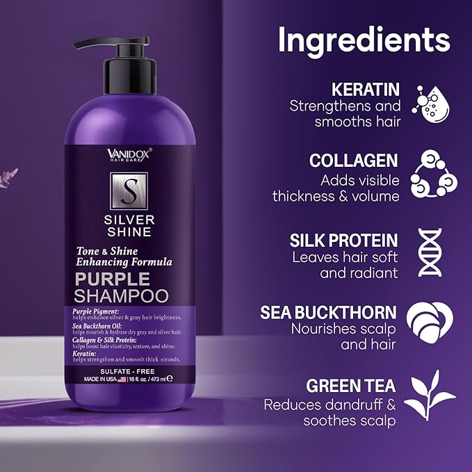 VANIDOX Brass Toning Purple Shampoo for Grey and Silver Hair, Infused with Purple Pigment, Sulfate Free Shampoo for Gray and Silver Hair (16 fl oz)