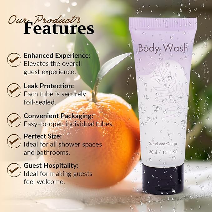 NISGUR Leak-Proof Travel Size Body Wash 1 Oz Each Pack of 100 Bulk Pack Hotel Body Wash Santal and Orange Scent Amenities and Toiletries for Hospitality